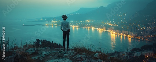 panorama view of the city from one hill, a girl stands on top of that mountain photo
