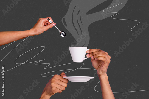Slika na platnu Composite photo collage of hands hold coffee americano cup steam hot beverage ca