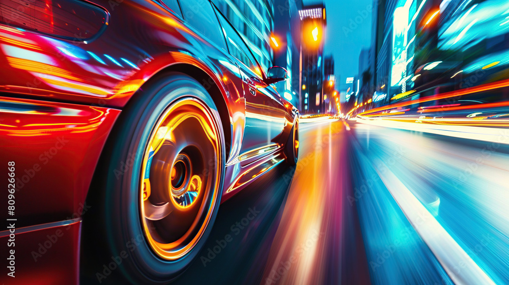 Rear view of Futuristic Car with high fast and speed through neon mega cyber city background, High acceleration car on tack with glowing light trails, night scene neon Rear view of Futuristic Car with high fast and speed through neon mega cyber city background, High acceleration car on tack with glowing light trails, night scene neon