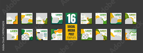 Corporate modern lawn care garden or landscaping service social media cover design bundle, agriculture and organic food campaign post web banner template set, abstract green and yellow color shapes