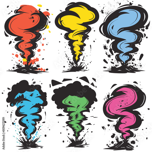 Cartoon tornadoes colorful, splatter, dynamic swirls, abstract twisters. Vibrant tornado illustrations, natural disaster concept, energetic whirlwind graphics. Erupting cartoon cyclones, splattered