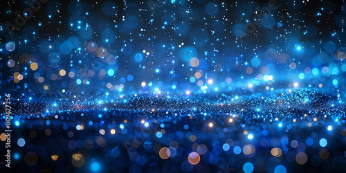 Shiny blue glitter rain draping down on black background, sparkling particles celebration background, for party, poster, greeting card, Christmas and award event