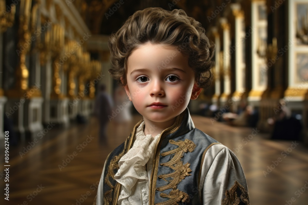 Portrait of a child in historical costume with an elegant palace interior backdrop Portrait of a child in historical costume with an elegant palace interior backdrop