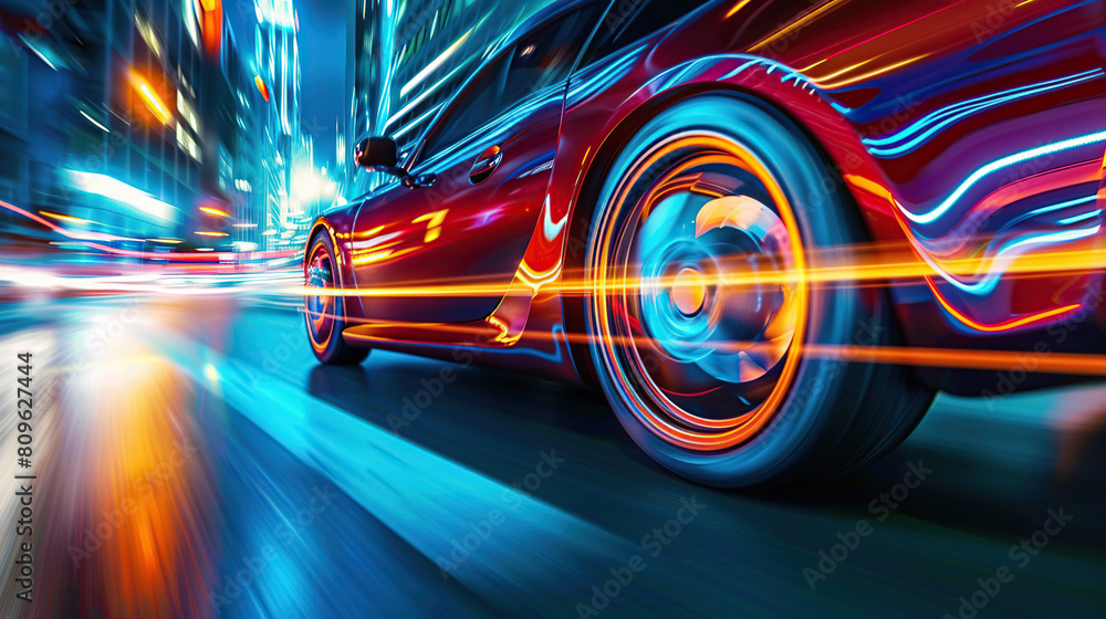 Rear view of Futuristic Car with high fast and speed through neon mega cyber city background, High acceleration car on tack with glowing light trails, night scene neon Rear view of Futuristic Car with high fast and speed through neon mega cyber city background, High acceleration car on tack with glowing light trails, night scene neon