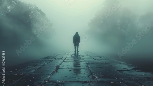 Foggy landscape with a lonely man standing in the middle of the road