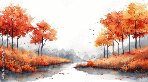 Foggy autumn forest. Digital watercolor painting. Autumn landscape. © nataliia_ptashka
