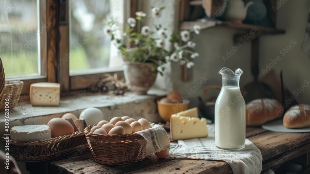 Dairy products and eggs on a table. Healthy fresh farm food background: milk, cheese, eggs. Rustic breakfast concept Dairy products and eggs on a table. Healthy fresh farm food background: milk, cheese, eggs. Rustic breakfast concept