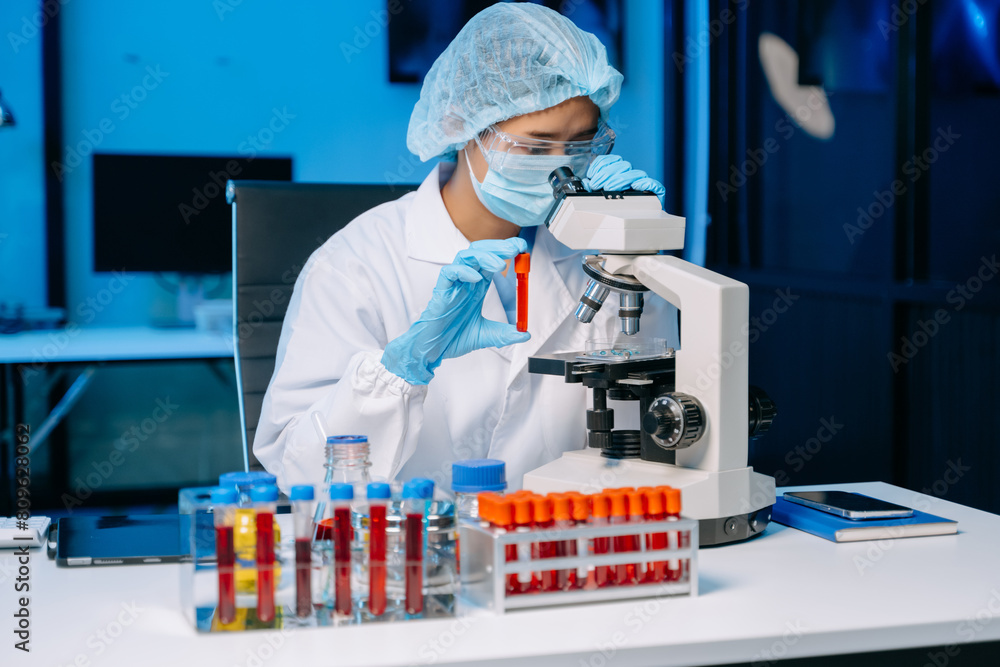Female scientist working with micro pipettes analyzing biochemical samples, advanced science chemical laboratory Female scientist working with micro pipettes analyzing biochemical samples, advanced science chemical laboratory