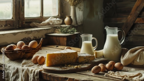 Dairy products and eggs on a table. Healthy fresh farm food background: milk, cheese, eggs. Rustic breakfast concept