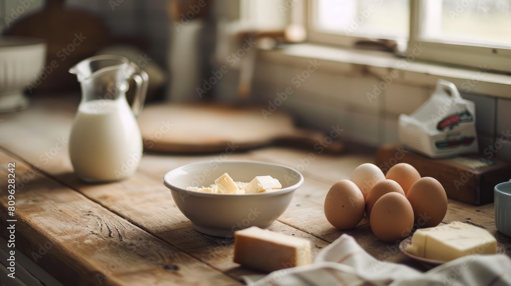 Dairy products and eggs on a table. Healthy fresh farm food background: milk, cheese, eggs. Rustic breakfast concept Dairy products and eggs on a table. Healthy fresh farm food background: milk, cheese, eggs. Rustic breakfast concept