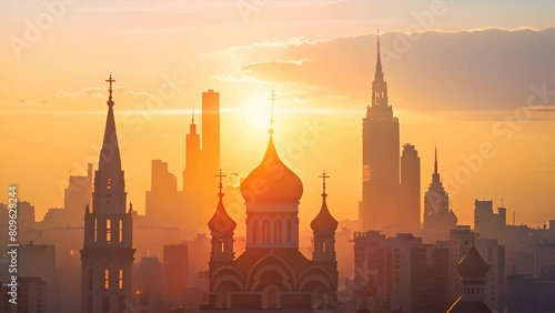 Sunset silhouette of Moscow skyline with church domes and spires