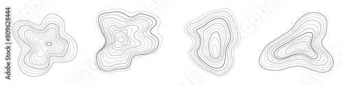 Organic shape of annual wood tree line ring. Abstract ripple circle concentric trunk texture. Topographic stump rough design. Plywood relief wave contour surface. Black fractal ink wavy grid sketch