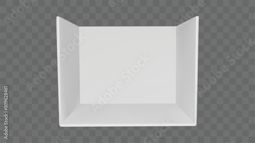 3d white booth stand corner room. Event display design with wall and floor mockup. Empty exhibition box render template. Cube showroom interior for presentation. Expo kiosk for exhibit on stage area