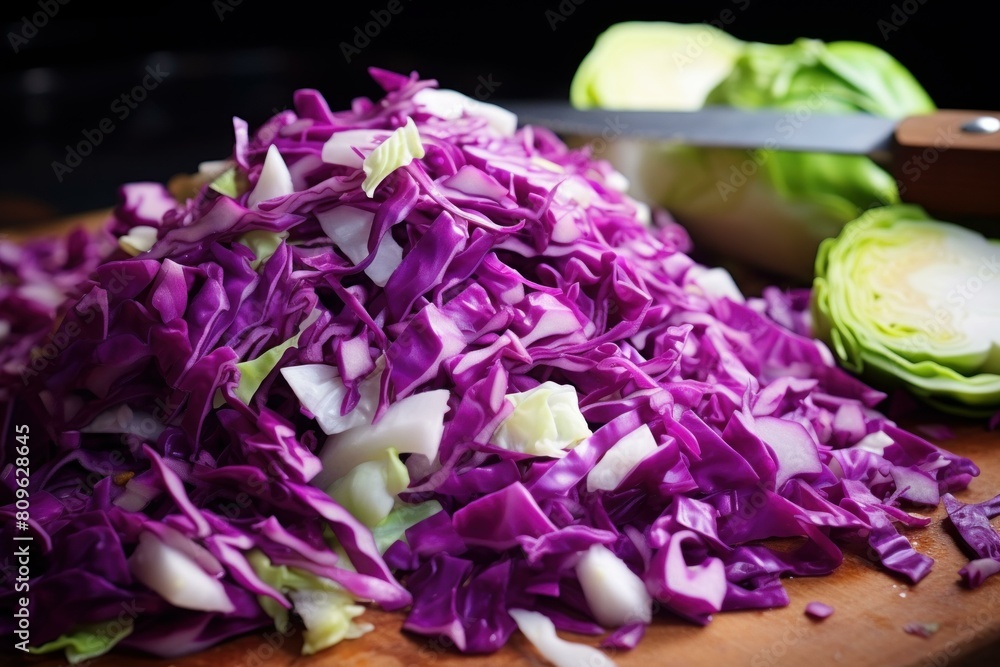 Pile of vibrant shredded red cabbage ready for salad, with knife and green cabbage in background Pile of vibrant shredded red cabbage ready for salad, with knife and green cabbage in background