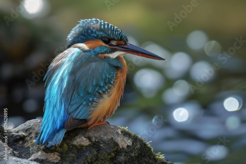 Cute kingfisher sitting on a branch in nature, kingfisher with blue feathers sitting on a thin branch against nature, AI-generated © Tanu