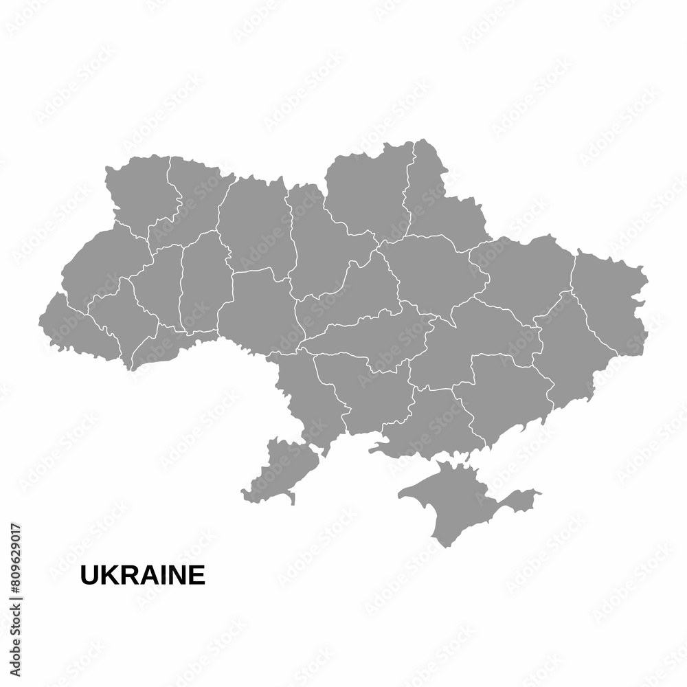 Illustration of map of Ukraine in gray color. Background illustration of map of ukraine with areas, without inscriptions, isolate on white background. Icon of political map of Ukraine.