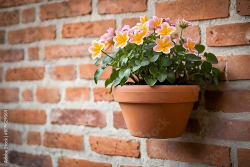 Pink yellow flowers in clay pot on brick wall wallpaper flowers in pot mockup