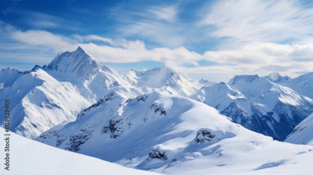 Majestic Snow-Capped Peaks Under A Clear Blue Sky In A Pristine Mountain Range. Generative AI Majestic Snow-Capped Peaks Under A Clear Blue Sky In A Pristine Mountain Range. Generative AI