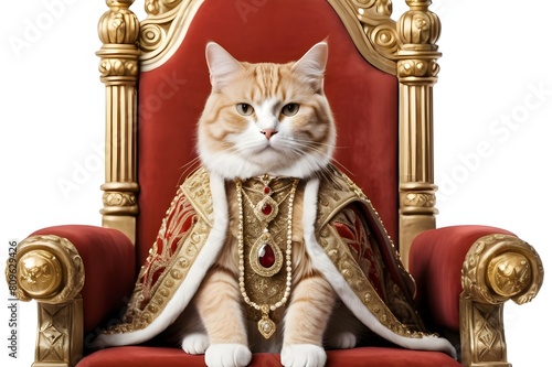 A cat sitting in king chair wearing royal suit