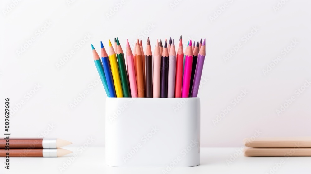 Fototapeta premium sharpened colored pencils in a white holder against a plain background