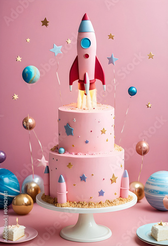 a pink birthday cake with a rocket on the top of it photo