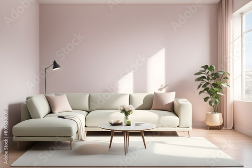 Minimalist living room. furniture has a modern and minimalist design, with a sofa © rizkan