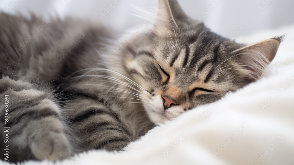 grey cat sleeping on a soft white surface grey cat sleeping on a soft white surface
