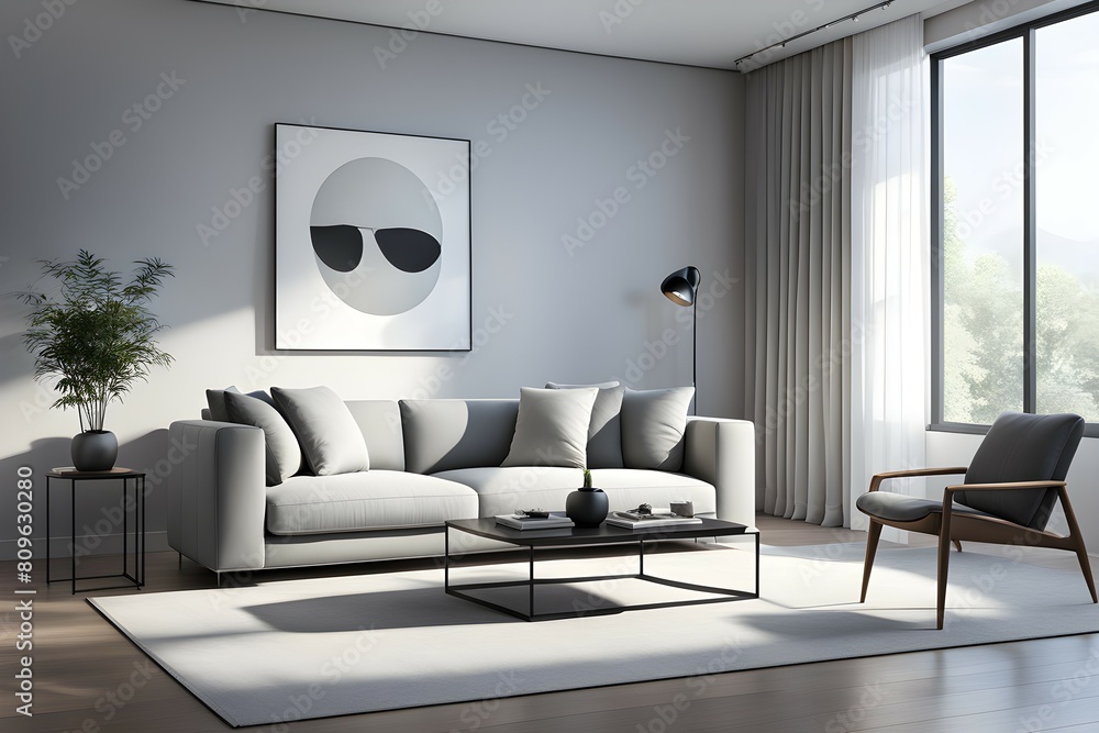 Fototapeta premium Minimalist living room. furniture has a modern and minimalist design, with a sofa