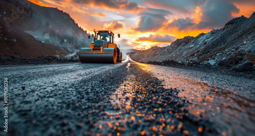 New Asphalt Road Construction. Road Workers and Construction Machinery on the Construction Site photo