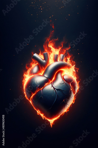 Human heart in flame on black background. A metaphor for love. The concept of infarction