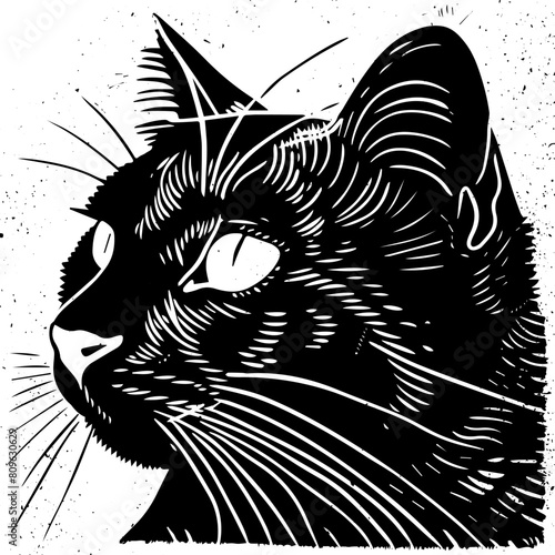 Hand drawn Cat in linocut textured style. Isolated on white background vector illustration.