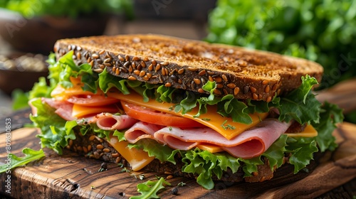 Triple-Layer Ham and Cheese Sandwich with Fresh Vegetables