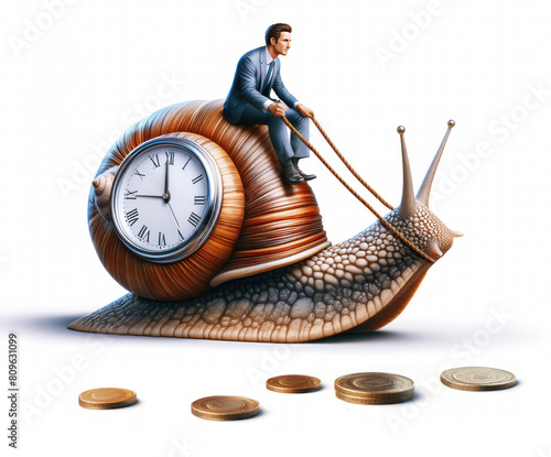 Businessman riding a slow snail. Controlling the pace at the workplace concept. Time is money