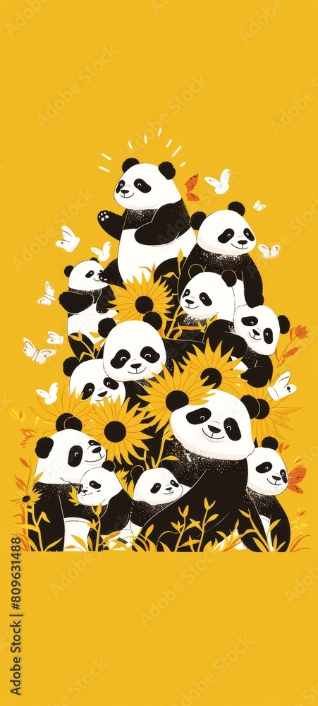 Fototapeta premium A group of cute pandas. A minimalist and creative style of flat illustration, visual experience on a smartphone wallpaper, AI generated