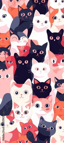 A group of cute Cats. A minimalist and creative style of flat illustration, visual experience on a smartphone wallpaper, AI generated © DejaReve