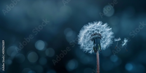 Serene image of a single dandelion with seeds dispersing in the soft-focused blue background  symbolizing change and fragility