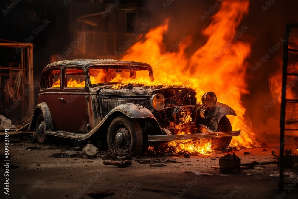 Obraz premium Vintage Car Engulfed in Flames Amidst a Devastated Garage Scene. Generative AI