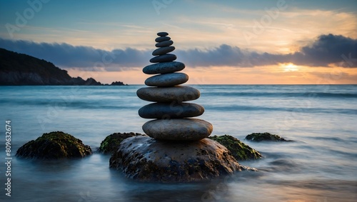 A stack of rocks balancing on top of an ocean shore with water blurred by a long exposure