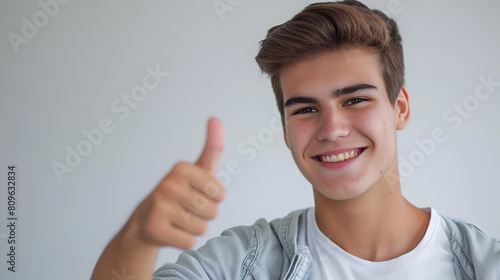 Young male student portrait happy smiling thumbs up isolated background