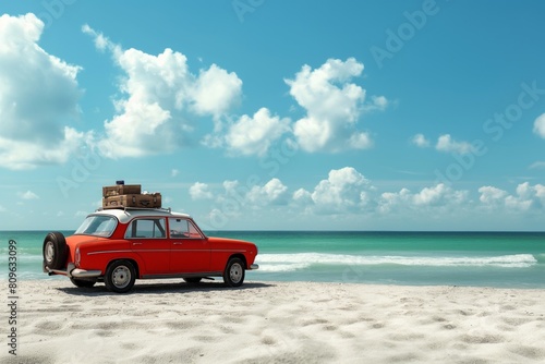 Classic red car with luggage on the roof, parked by a pristine beach under a bright blue sky with clouds