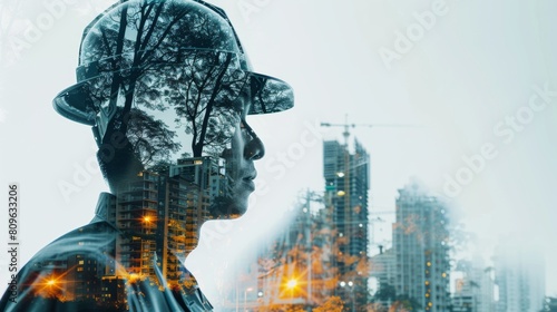 Creative double exposure portrait merging a man with city skyline