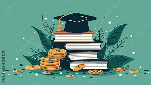 A stack of books and coins with a graduation cap on top
