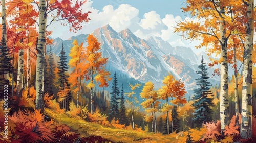 Scenic autumn landscape in a forest of birch aspen and pine trees on a mountain slope