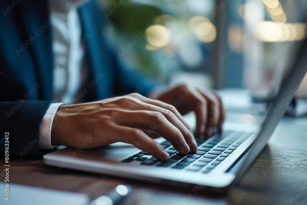 Close-up of a business man working on a laptop, typing with his hands for work in an office
, AI-generated Close-up of a business man working on a laptop, typing with his hands for work in an office
, AI-generated