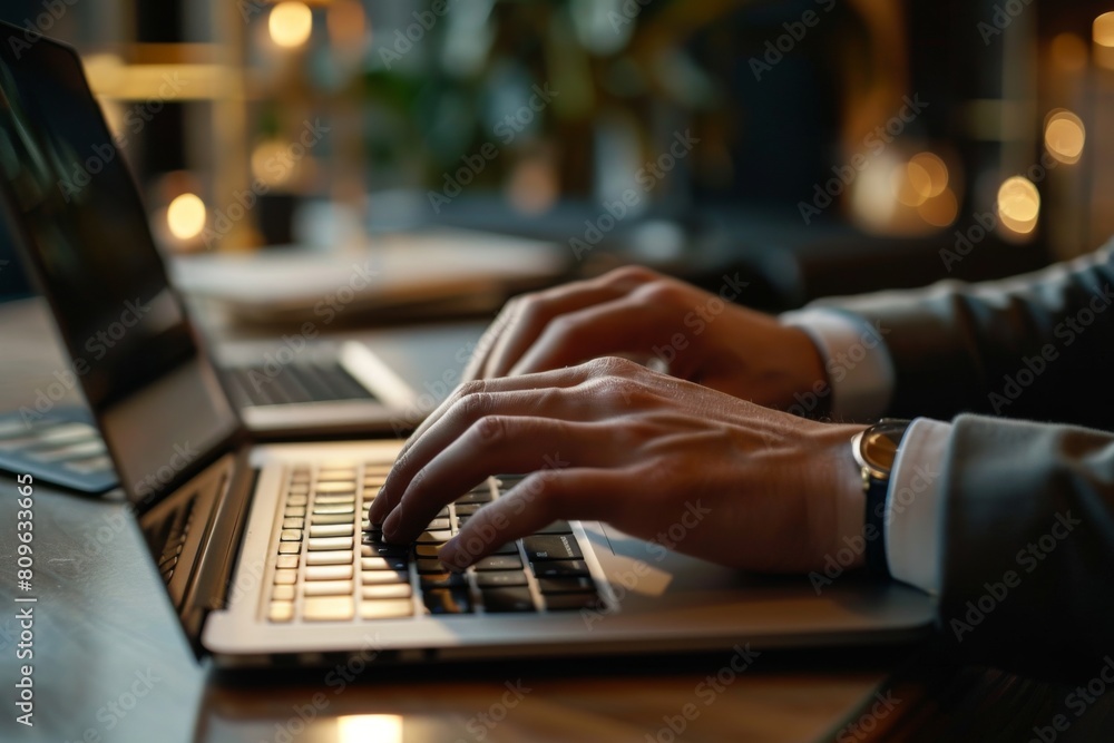 Close-up of a business man working on a laptop, typing with his hands for work in an office
, AI-generated Close-up of a business man working on a laptop, typing with his hands for work in an office
, AI-generated