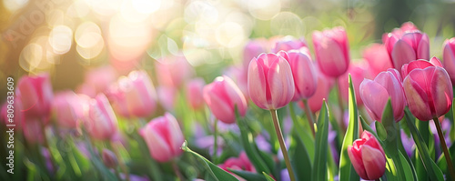 A field of pink tulips with a bright sun shining on them
