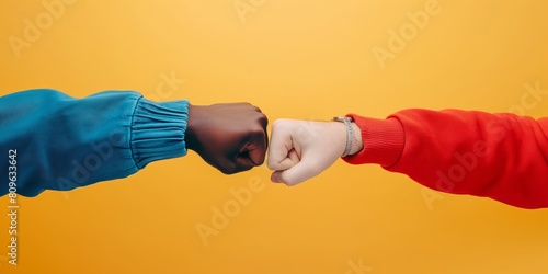 Two hands of different skin tones fist bumping, symbolizing friendship or agreement photo