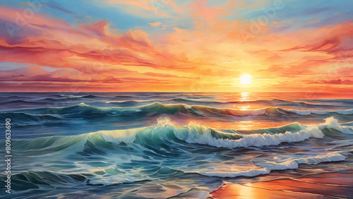 Silk painting: A tranquil, seascape composition, with the sun setting over the ocean waves, all depicted in the luminous, flowing colors of silk painting, 
