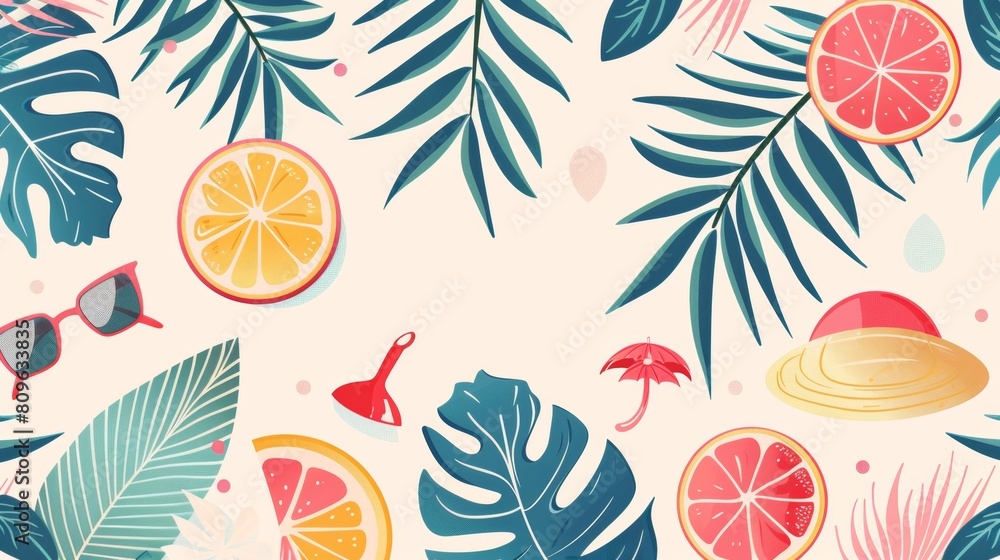 Naklejka premium Vector illustrations featuring seamless patterns of fruits, leaves, and both fruits and vegetables for wallpapers, textiles, and other decorative designs