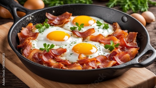 Scrambled eggs with bacon in a frying pan on a wooden table in close-up. Ideal for advertising and promotional materials.